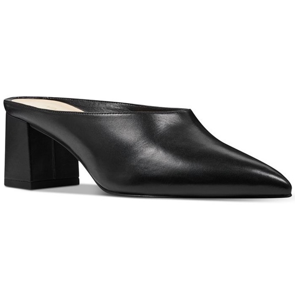 Nine West Black Pointed Leather Slip-On Mules with Block Heel